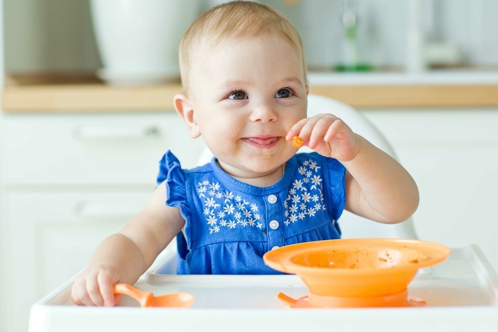 Baby zufüttern- Baby lacht im Hochstuhl vor seinem Teller
