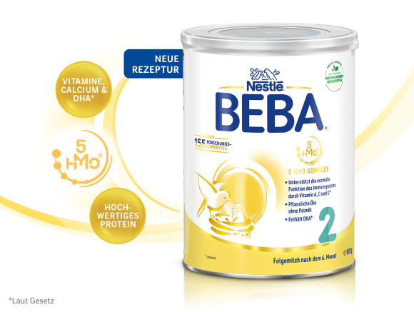 BEBA 2 mit HMO, hochwertigem Protein ,Vitaminen*, DHA und Calcium** in der 800g Dose. ​